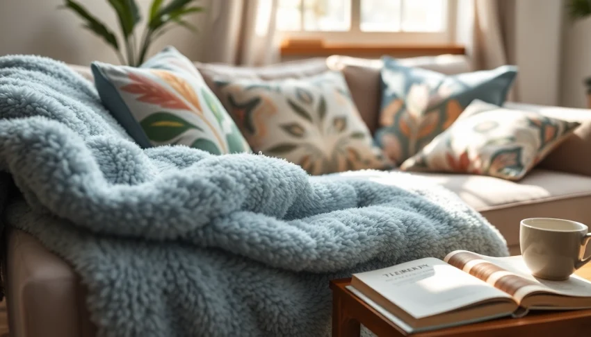 Fleece stof met unieke patronen in een gezellige woonkamer setting.