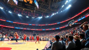 nba중계를 즐기는 관중들 속에서 열정적인 축구 선수들의 경기 장면