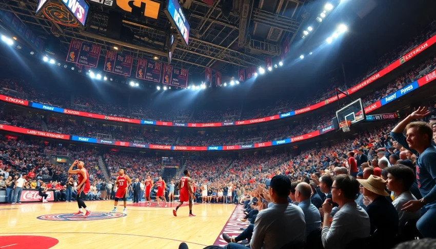 nba중계를 즐기는 관중들 속에서 열정적인 축구 선수들의 경기 장면