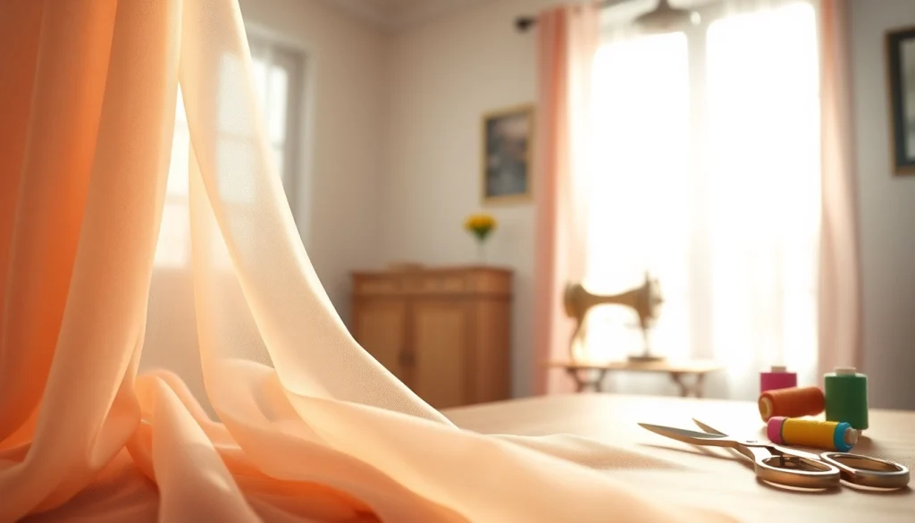 Mousseline stof met delicate textuur op een vintage naaitafel, perfecte voor creatief gebruik.