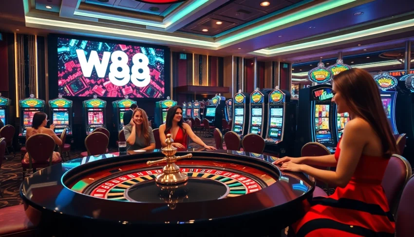 Players enjoying games at a luxury casino, featuring the W88 link for online betting.