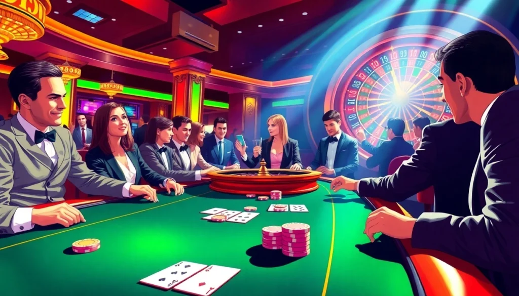 Engaged players at https://ev88.claims/ enjoy a thrilling high-stakes poker game in a lavish casino setting.
