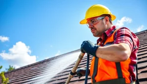 Roof cleaning service using soft washing technique to remove algae and dirt, showcasing a professional technician in action.