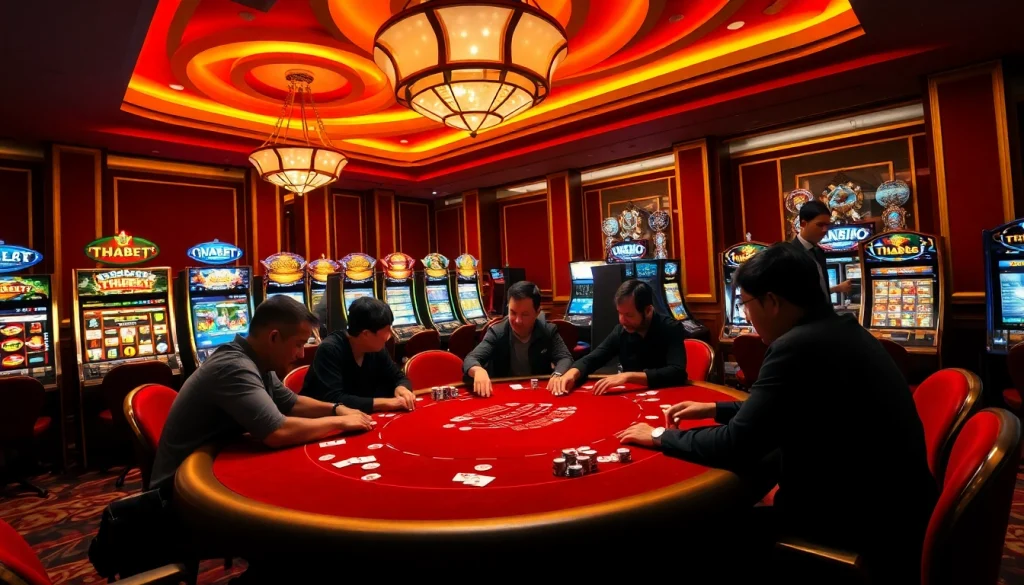 Experience the excitement of Nhà Cái THABET in a luxurious casino setting showcasing poker action and vibrant gaming atmosphere.