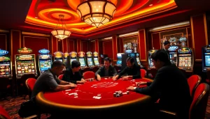 Experience the excitement of Nhà Cái THABET in a luxurious casino setting showcasing poker action and vibrant gaming atmosphere.