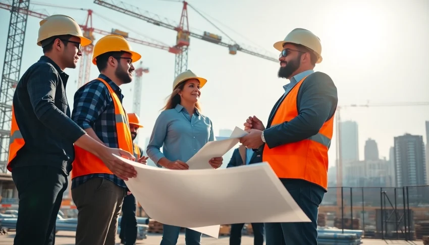 Manhattan Construction Manager guiding a diverse team on a construction site with city skyline.