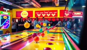 Mainkan demo plinko dengan bola jatuh melalui paku di lingkungan arcade yang ceria.