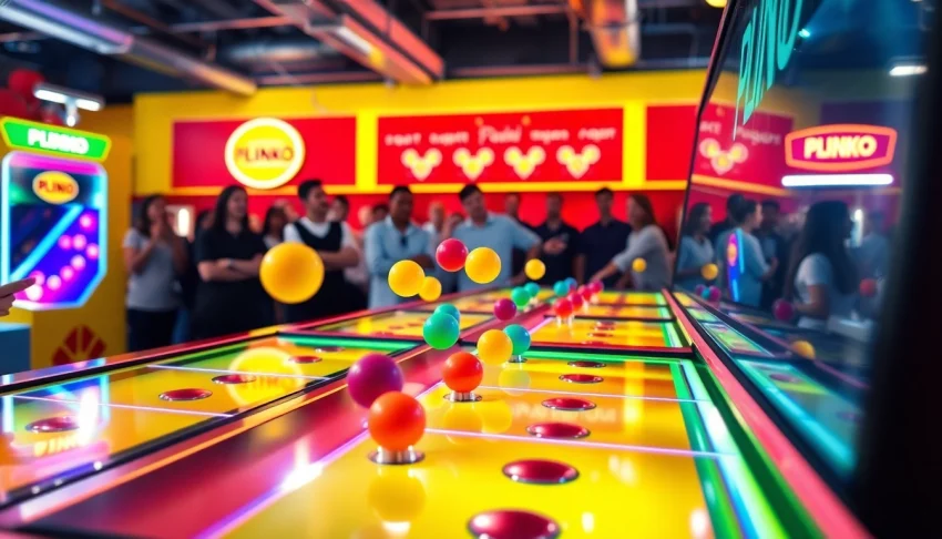 Mainkan demo plinko dengan bola jatuh melalui paku di lingkungan arcade yang ceria.