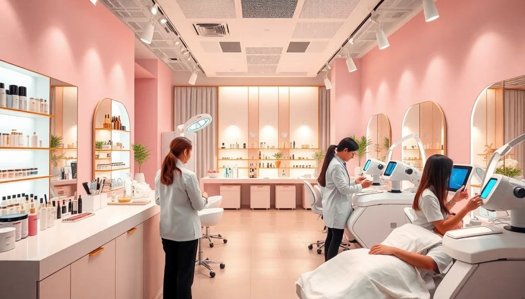 Latest beauty services showcased in a modern salon with professionals engaging clients in treatments.