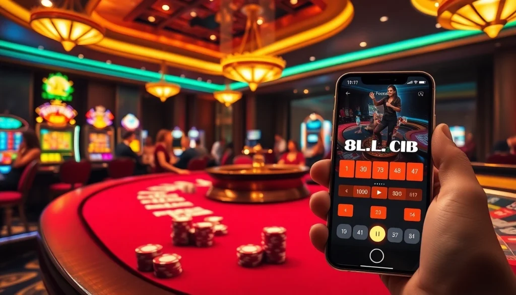Exciting casino atmosphere featuring players engaging at a poker table and showcasing https://88clb.courses/ as a modern online gambling option.
