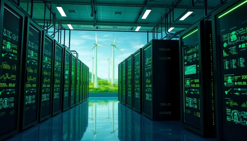 Cloud mining bitcoin facility with renewable energy sources, showcasing modern tech and sustainability.