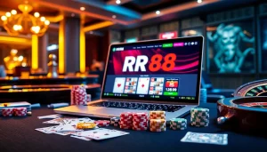 Experience RR88's thrilling online gambling interface amidst vibrant casino elements.