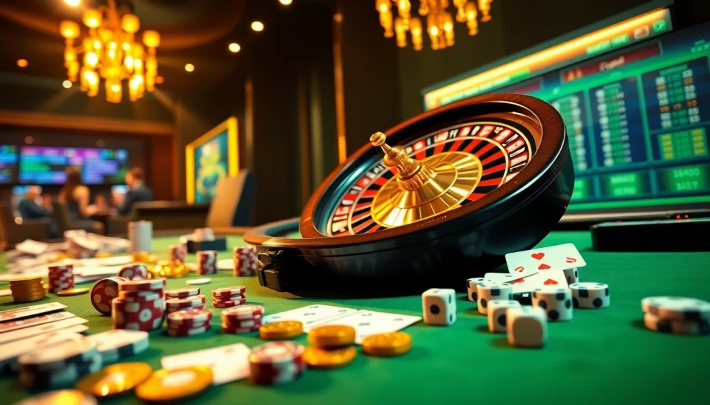 Experience the thrill of RR888 as you bet at a luxurious casino with cards, chips, and a roulette wheel.