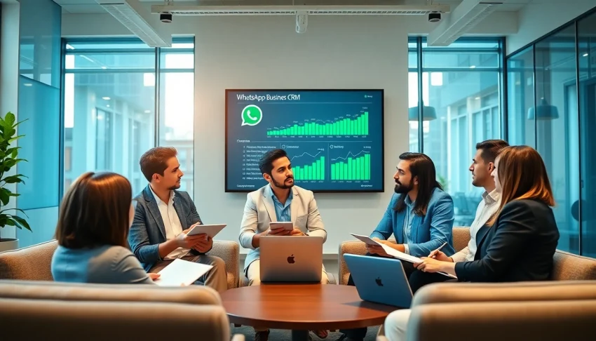 Collaborative team discussing WhatsApp Business CRM strategies in a modern office setting.