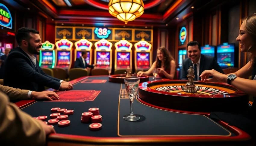 Go8 gaming table filled with excited gamblers and vibrant chips at a luxurious casino.