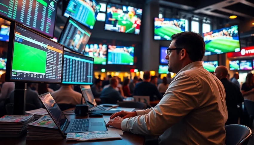 Engaged bettor enjoying online sports betting Canada experience with multiple screens and sports data.
