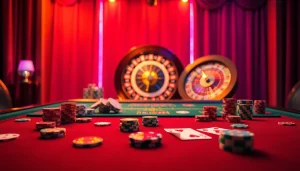 Experience the excitement of riobet with a vibrant gaming table filled with poker chips and roulette wheel.