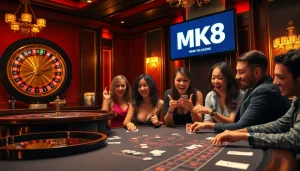 Players enjoying a thrilling game at MK8 casino with vibrant tables, roulette wheel, and betting slips.