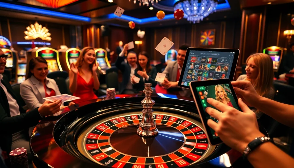 C54.gb.net features an exciting casino scene with players cheering around a roulette table.