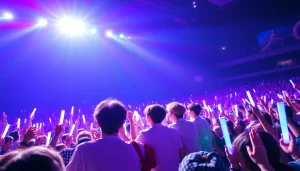 BTS news highlights concert performance with enthusiastic fans and colorful stage lights.
