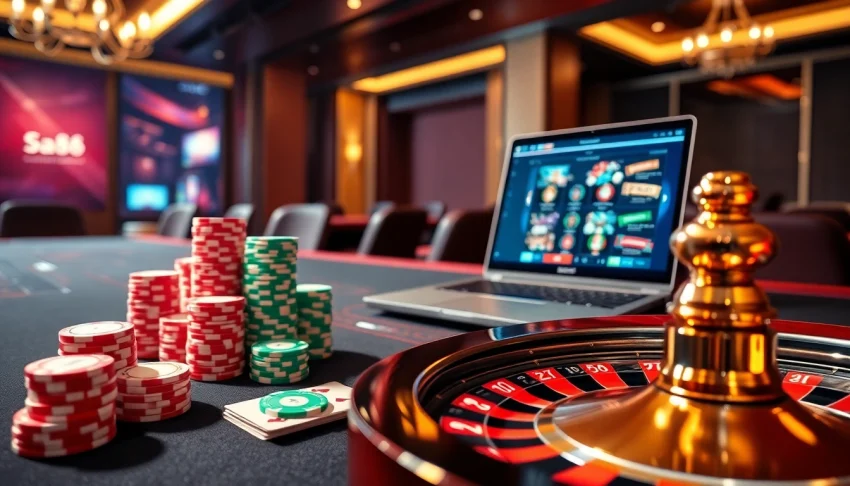 Experience thrilling online gambling with sa88 at a vibrant casino table filled with chips.