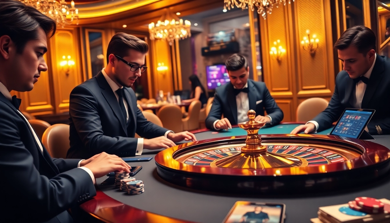 Players analyze strategies at a luxurious casino table while exploring rtp seven77 for optimal odds.