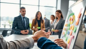 Discussing growth strategy trends in a modern office with diverse professionals and bright lighting.