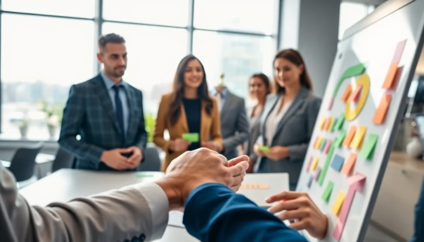 Discussing growth strategy trends in a modern office with diverse professionals and bright lighting.
