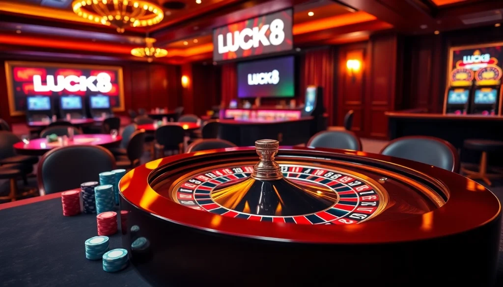 Cảnh chơi casino đầy phấn khích với thương hiệu LUCK8, bánh xe roulette và các cục chip poker.