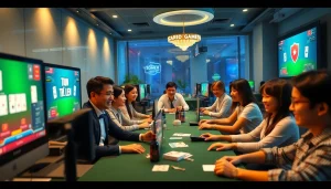 Dynamic online gaming scene at topgamebaidoithuong.mx featuring diverse players enjoying card games.