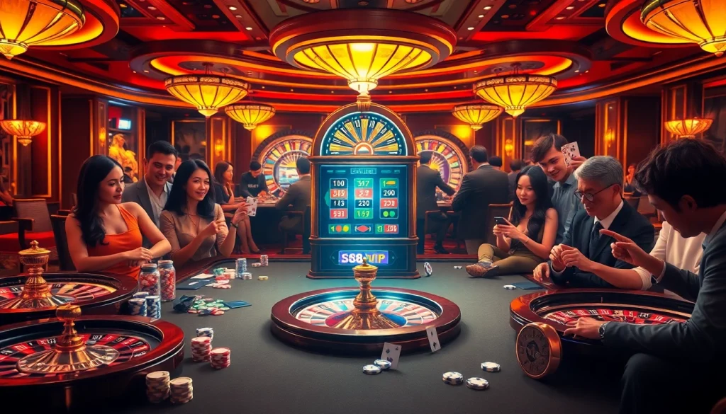 S88vip players engaging in exciting casino games at luxurious tables with chips and cards.