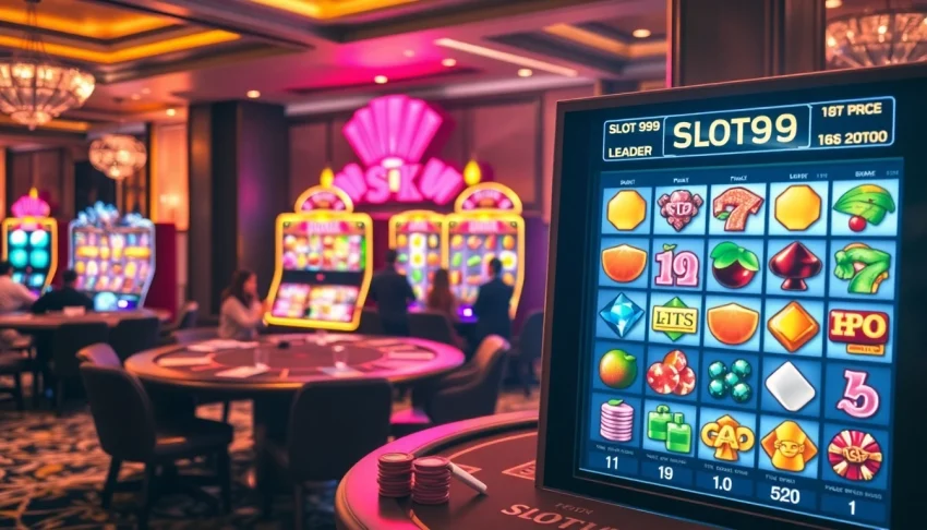 SLOT99 slot machine in a luxurious casino setting, showcasing vibrant gameplay and excitement.