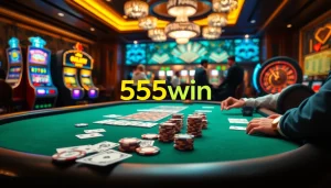 Experience high-stakes gambling excitement at 555win with vibrant poker tables and luxurious casino ambiance.