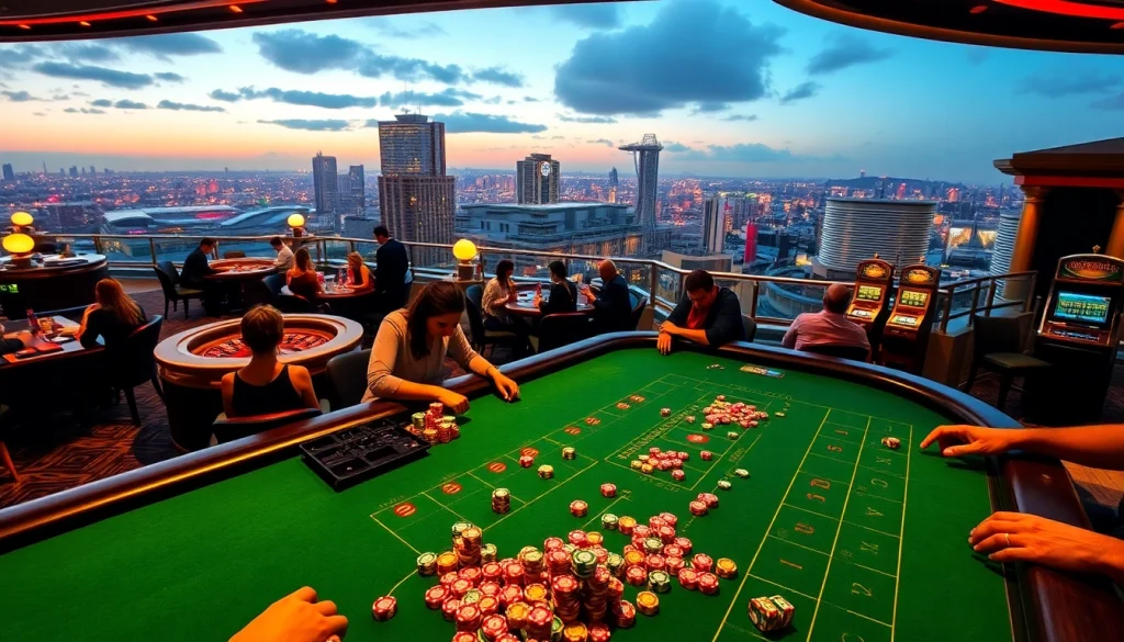 NoHU rooftop bar enhances the excitement of a lively casino scene with poker chips and roulette games.