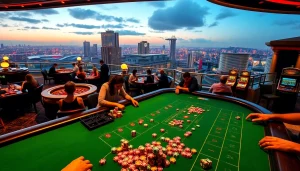 NoHU rooftop bar enhances the excitement of a lively casino scene with poker chips and roulette games.