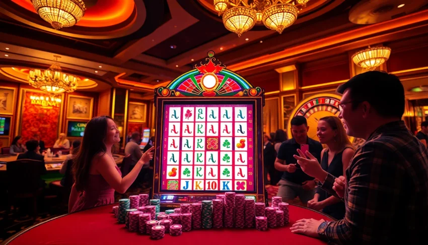 Experience the captivating mahjong slot demo action in a vibrant casino setting with joyful players.