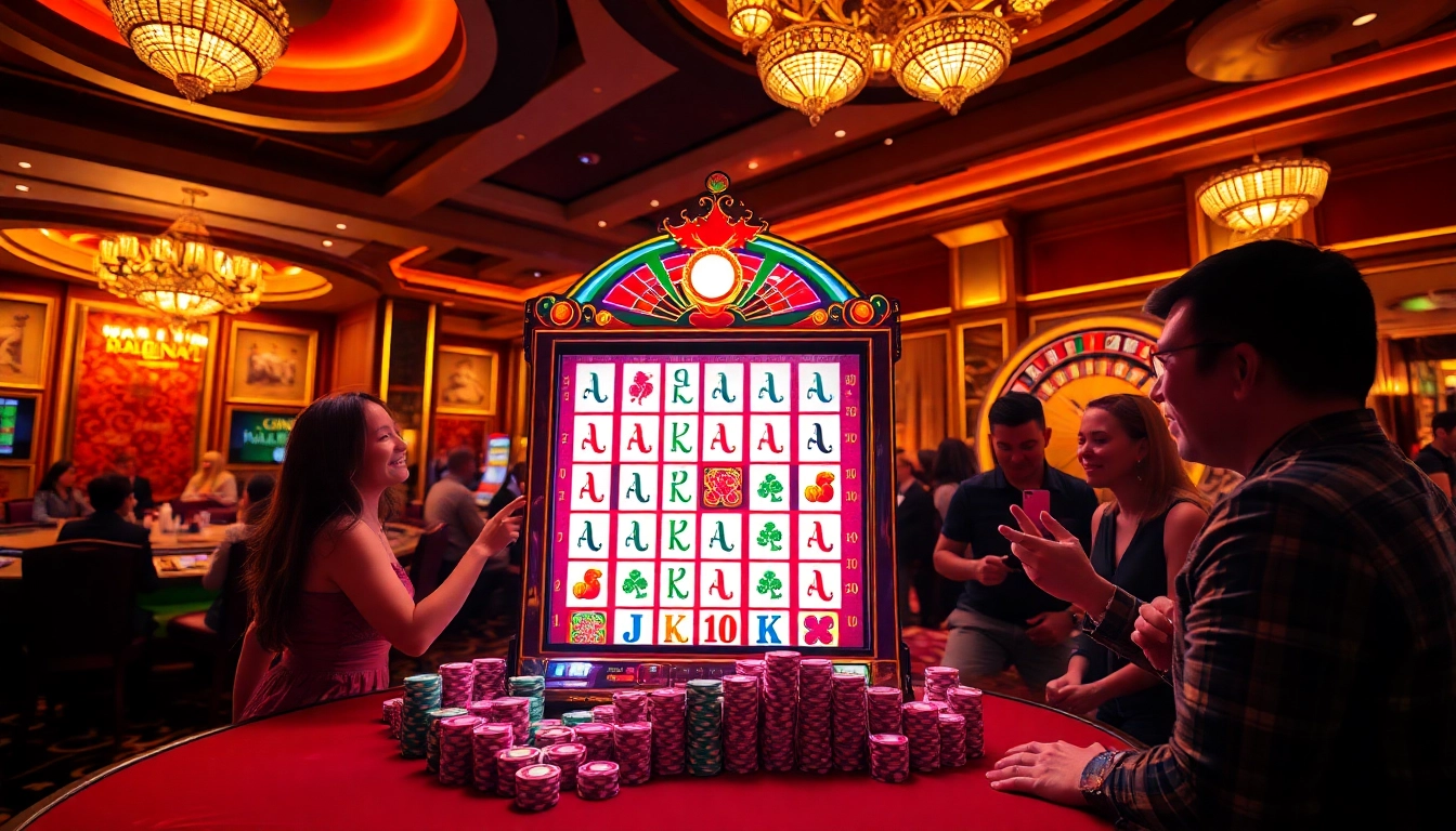 Experience the captivating mahjong slot demo action in a vibrant casino setting with joyful players.