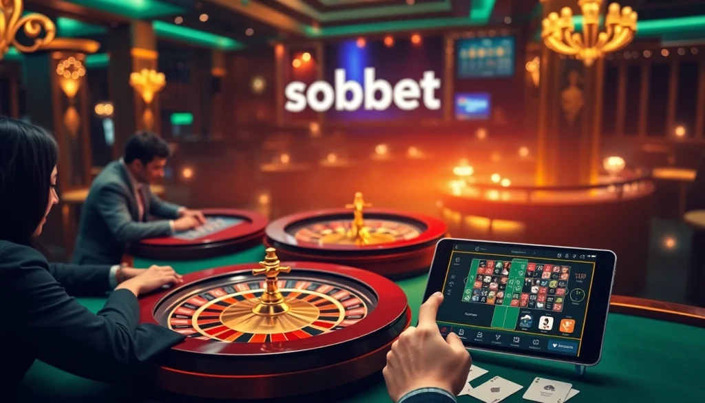 Sbobet players engaging in online betting at a luxurious virtual casino filled with vibrant games.