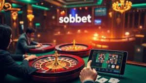 Sbobet players engaging in online betting at a luxurious virtual casino filled with vibrant games.