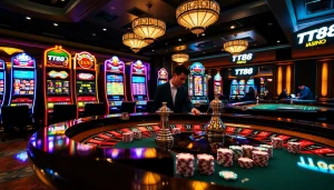 Gambling excitement showcased with TT88 branding in a luxurious casino scene.