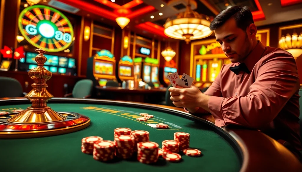 Experience thrilling gameplay at GO88 with a vibrant scene of poker, roulette, and slot machines.