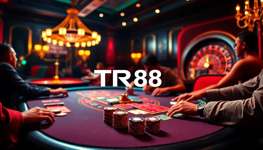 Experience thrilling gameplay at a vibrant poker table featuring TR88-themed elements in a luxurious casino.