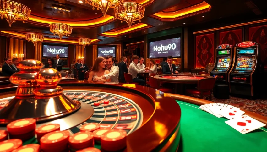 Nohu90 players enjoying blackjack and roulette in a luxury casino atmosphere.