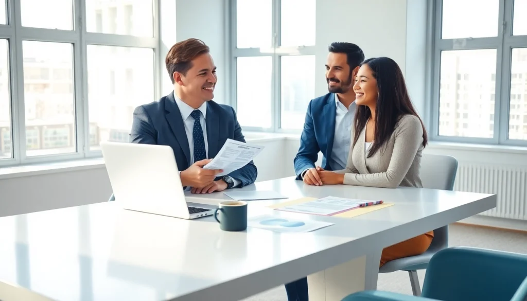 Immigration lawyer Perth consulting with diverse clients in a modern office, showcasing professional service.