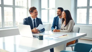 Immigration lawyer Perth consulting with diverse clients in a modern office, showcasing professional service.