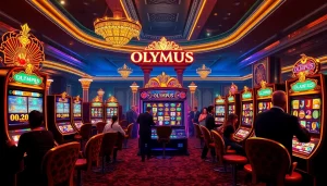 Pemain yang antusias bermain mesin slot Olympus di lingkungan kasino mewah.