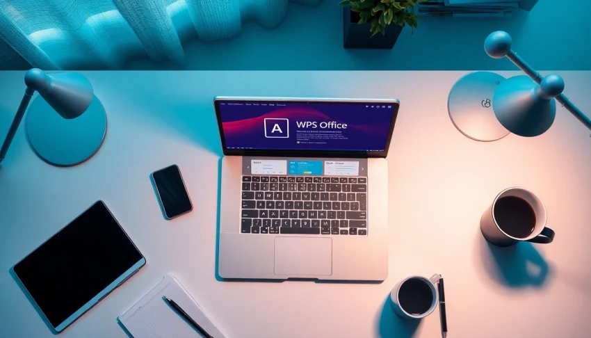 现代化办公场景：笔记本上显示 WPS Office，周围环绕着先进科技，展现专业与创新气质。