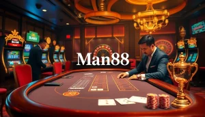 Experience thrilling gaming at Man88 with engaging players, vibrant casino tables, and luxury surroundings.