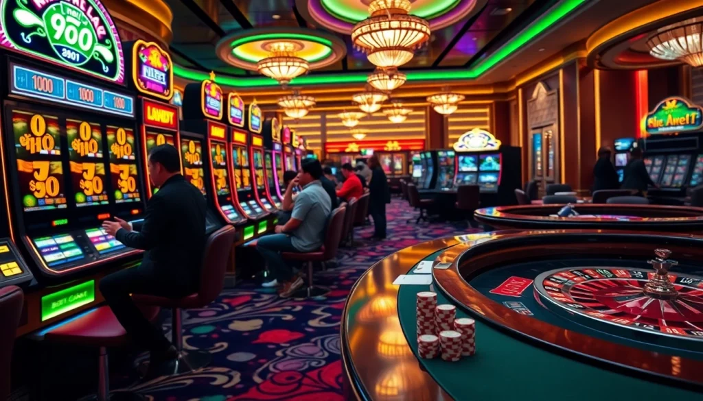 Players enjoying nổ hũ 90 slot machines in a vibrant casino atmosphere