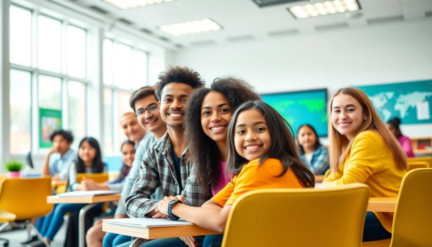 Engaging classroom scene showcasing diversity in education with students collaborating